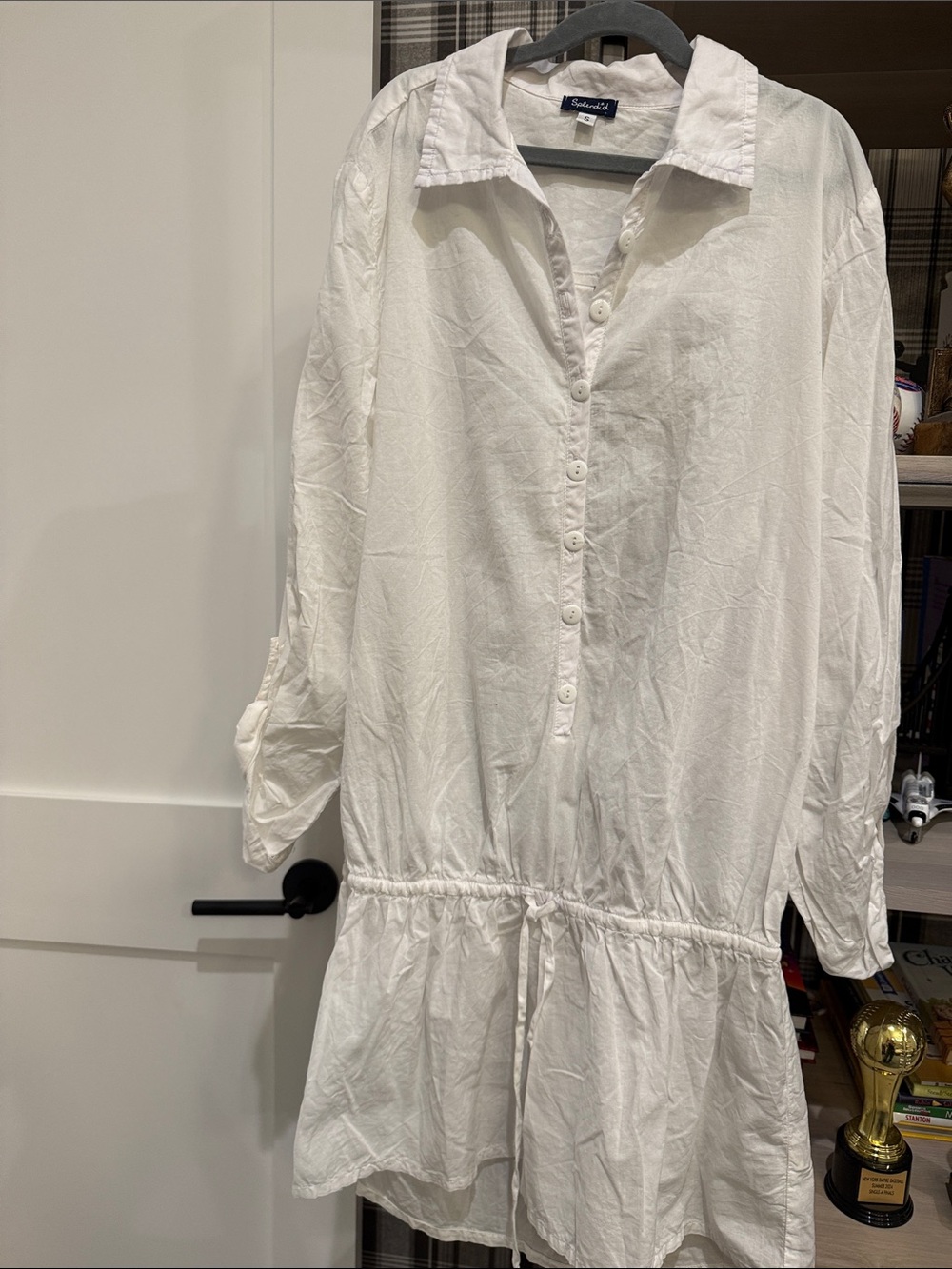 Splendid White Long-Sleeve Button Drawstring Tunic Dress